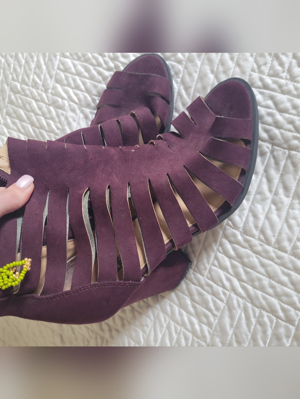 Brash Plum Suede Strappy Block Heel Sandals Boho Cutout Zip Back Size 8 - Picture 4 of 7